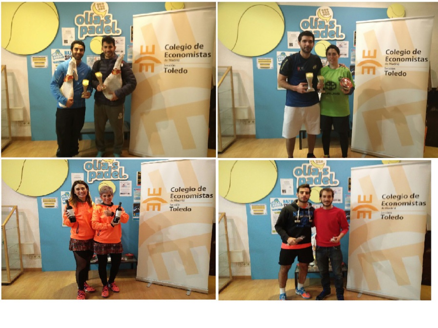 Parejas ganadoras del III Torneo de Pádel del Economista con sus trofeos