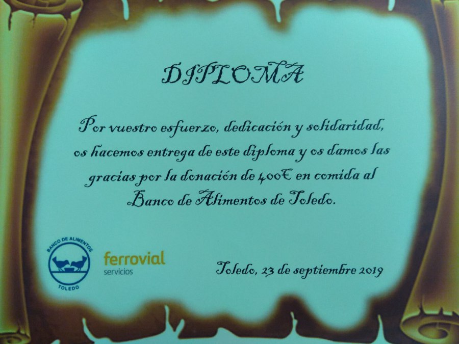 Diploma de agradecimiento a Ferrovial por su donación de 400 euros en comida, 23 de septiembre de 2019