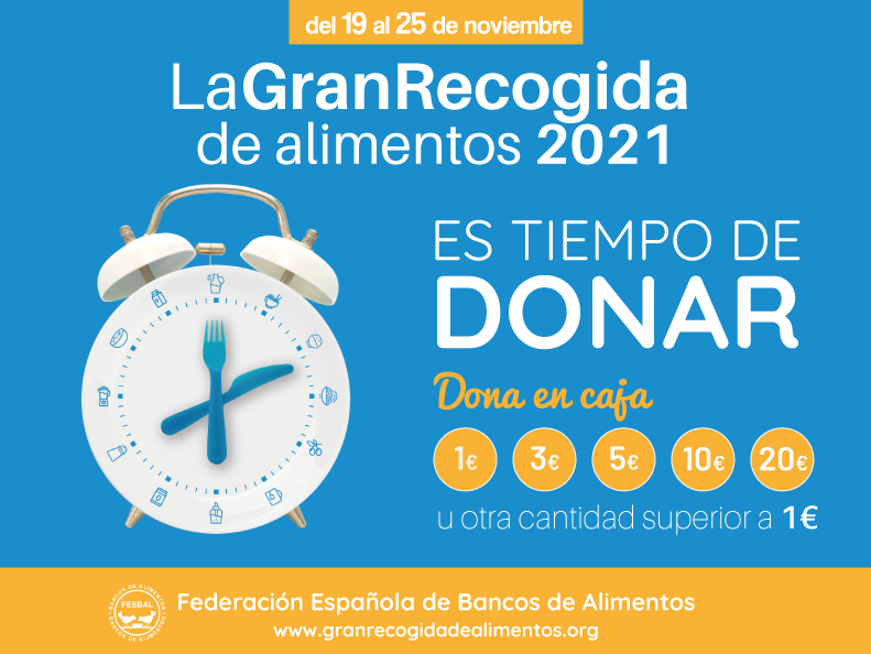 Cartel de la Gran Recogida de Alimentos 2021, del 19 al 25 de noviembre: dona en caja 1, 3, 5, 10 o 20 euros