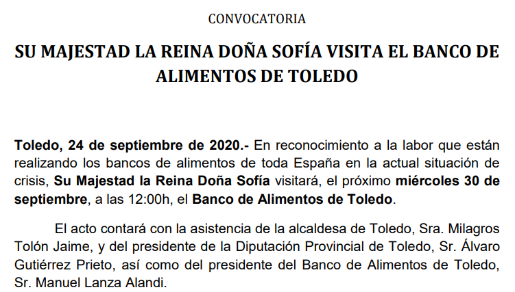 Convocatoria de prensa de la visita de la Reina Sofía al Banco de Alimentos de Toledo el 30 de septiembre de 2020