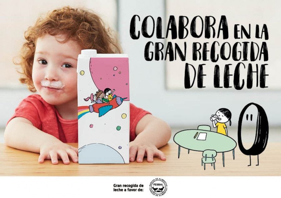 Cartel de la Gran Recogida de Leche: niña con un brik de leche