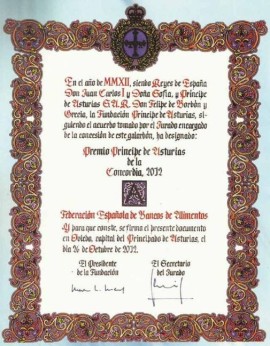 Diploma del Premio Príncipe de Asturias de la Concordia 2012 concedido a la Federación Española de Bancos de Alimentos