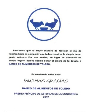 Tarjeta de agradecimiento de unos novios que donaron al Banco de Alimentos de Toledo el dinero de sus detalles de boda